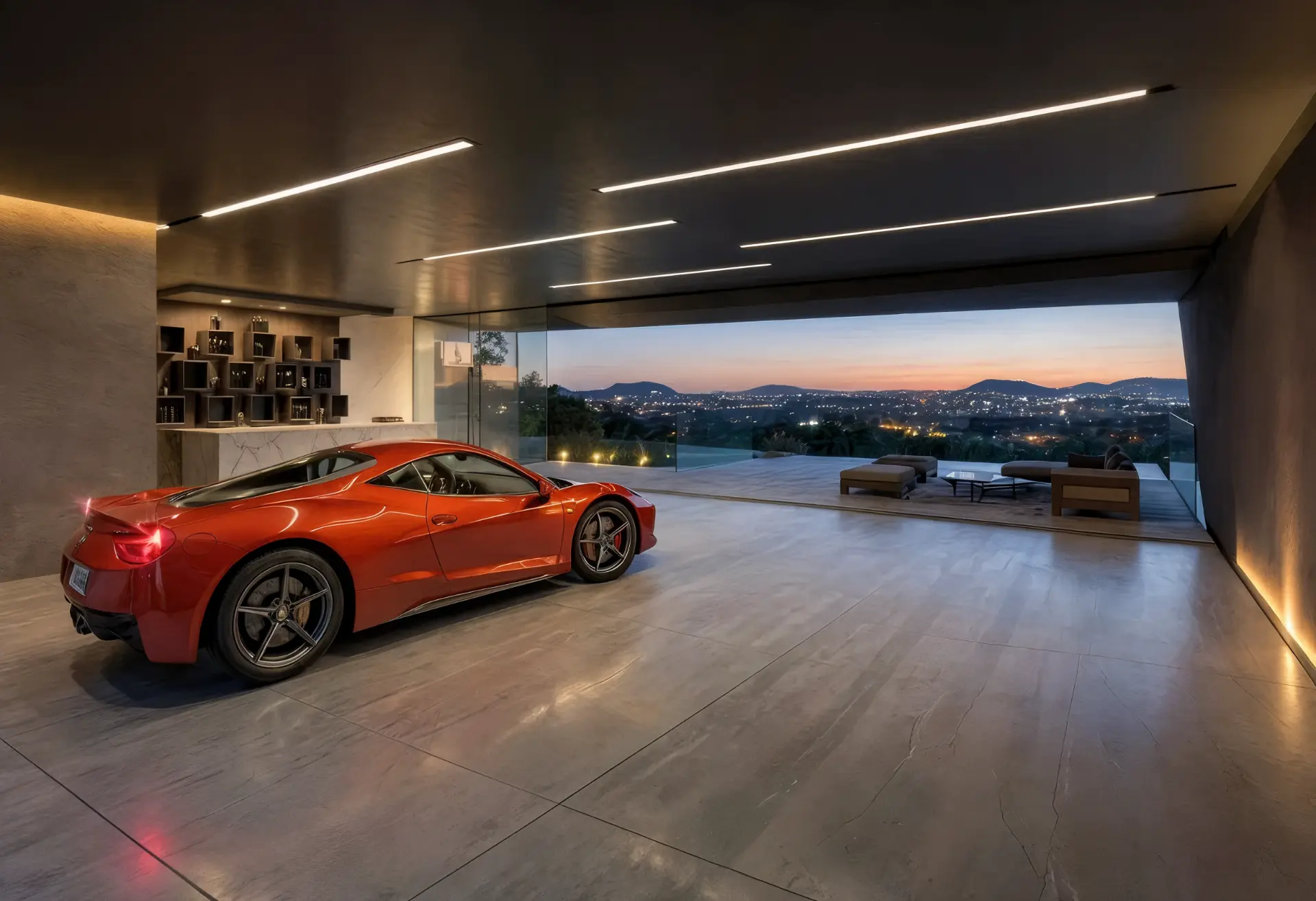 Laureles Villa — interior garage lounge with sports car and panoramic city view