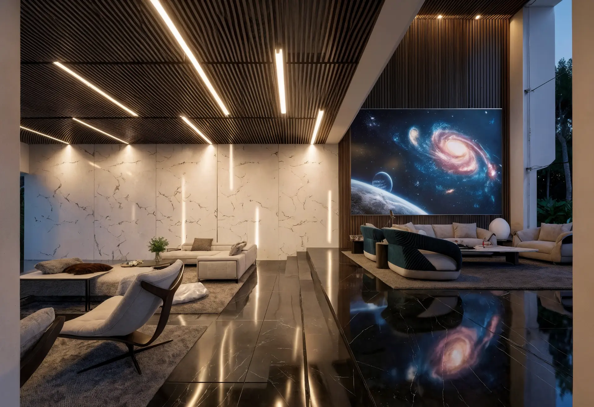Dawn Villa — living room at dusk with marble walls and slatted wood ceiling