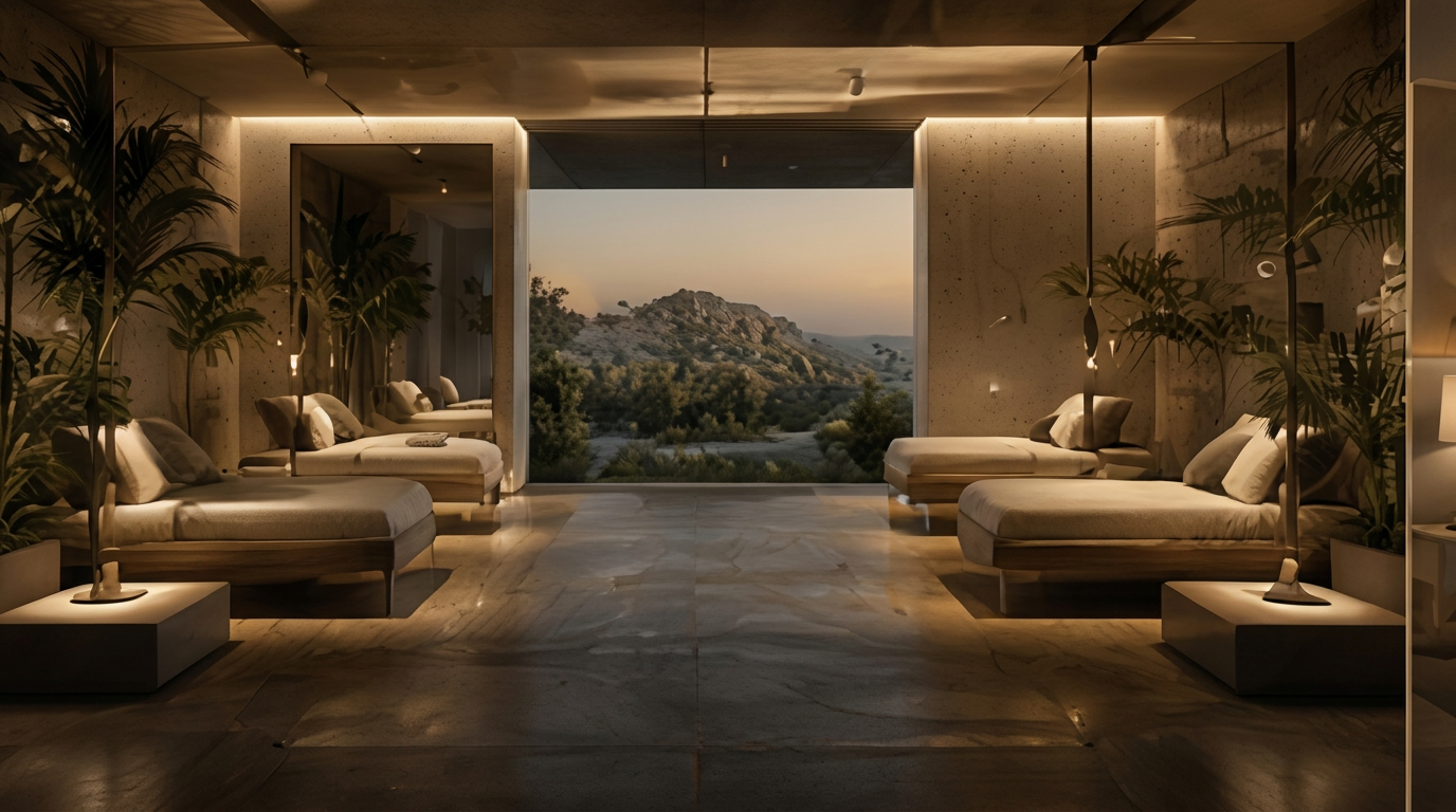 Carnelia wellness and spa pavilion with timber walls and daybeds