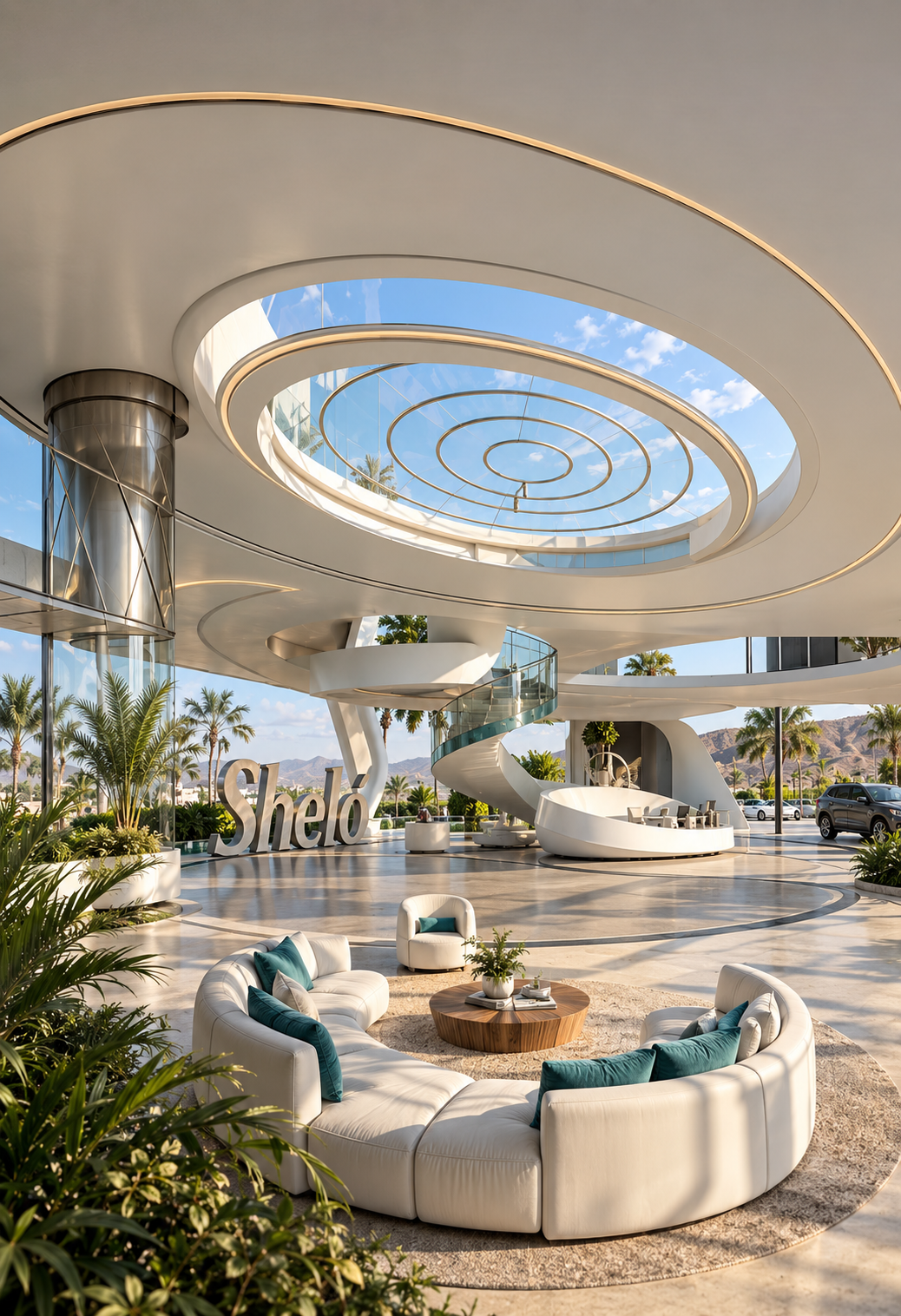 SHELO NABEL — sculptural lobby interior with spiral staircase, circular skylight and curved lounge seating