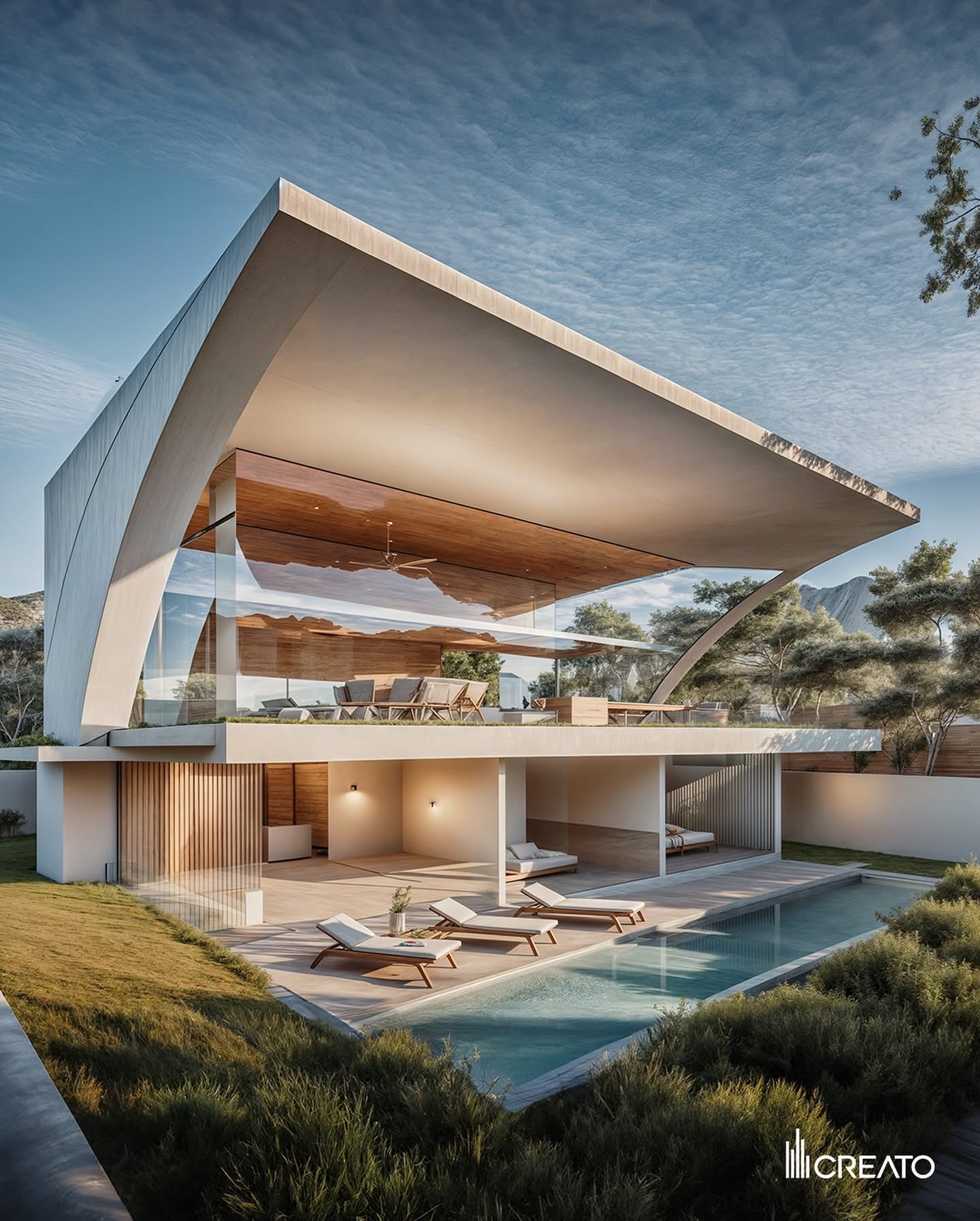 Vaucluse Villa as an open pavilion, with the curved roof plane framing the landscape above the pool terrace
