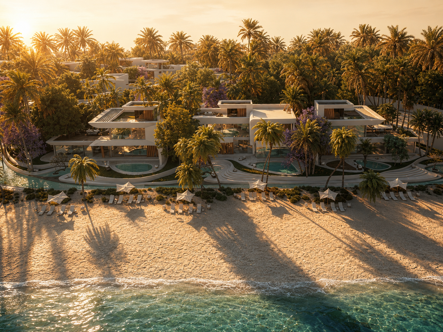 Vivienda Resort — aerial view of the beachfront villa cluster at sunset