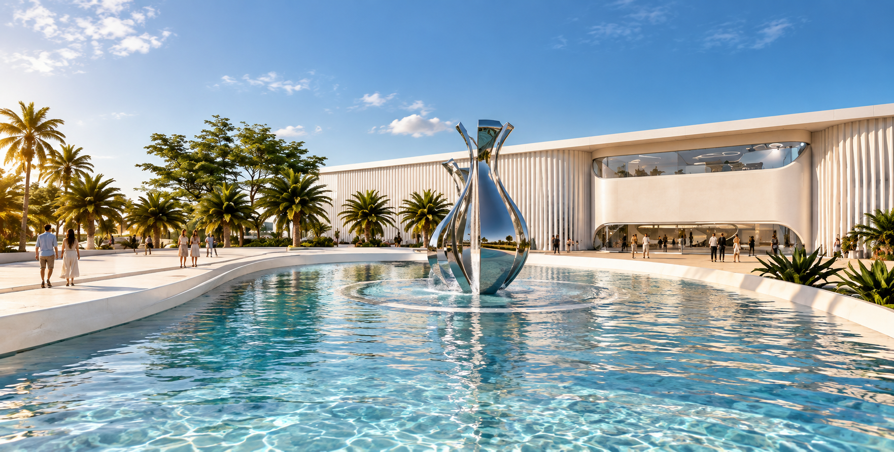 SHELO NABEL — reflective sculpture and water plaza at the main entrance