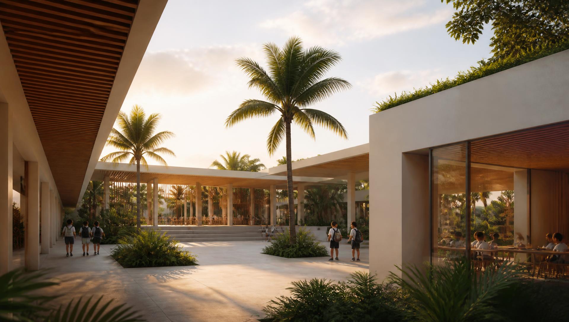 MACC ACADEMY — shaded campus plaza at golden hour with palms, timber louvers and glazed classrooms