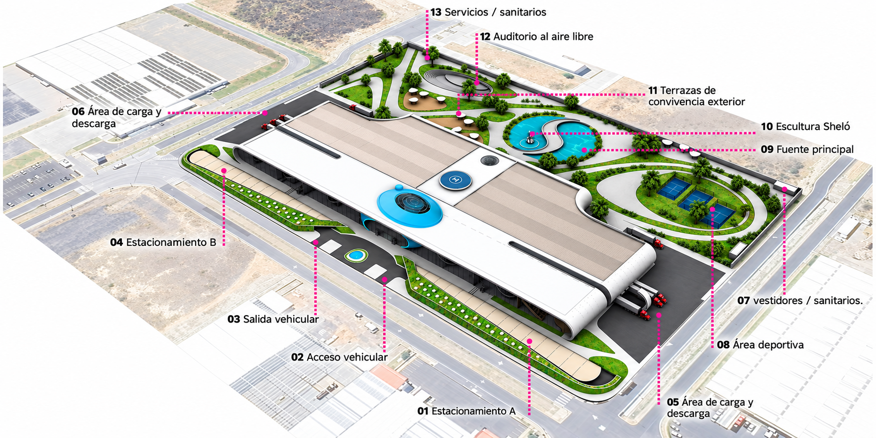 SHELO NABEL — detailed site distribution plan with parking, access roads, main fountain, sculpture, sports area, auditorium and services
