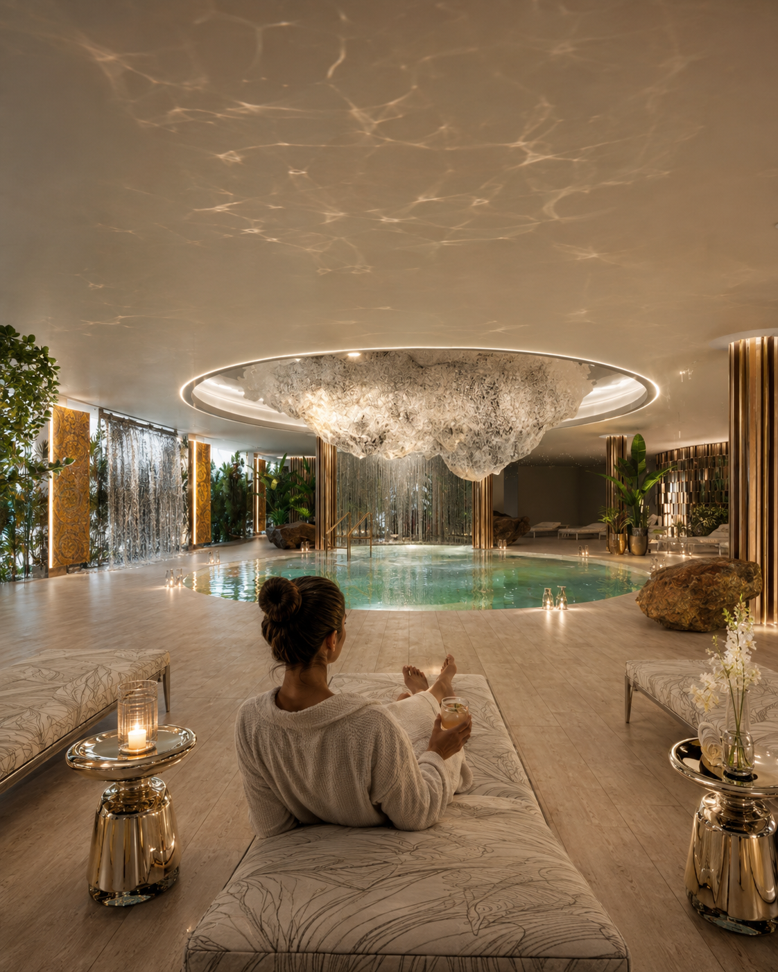Atmosphere Home Spa — heated indoor pool with timber ceiling and ocean view