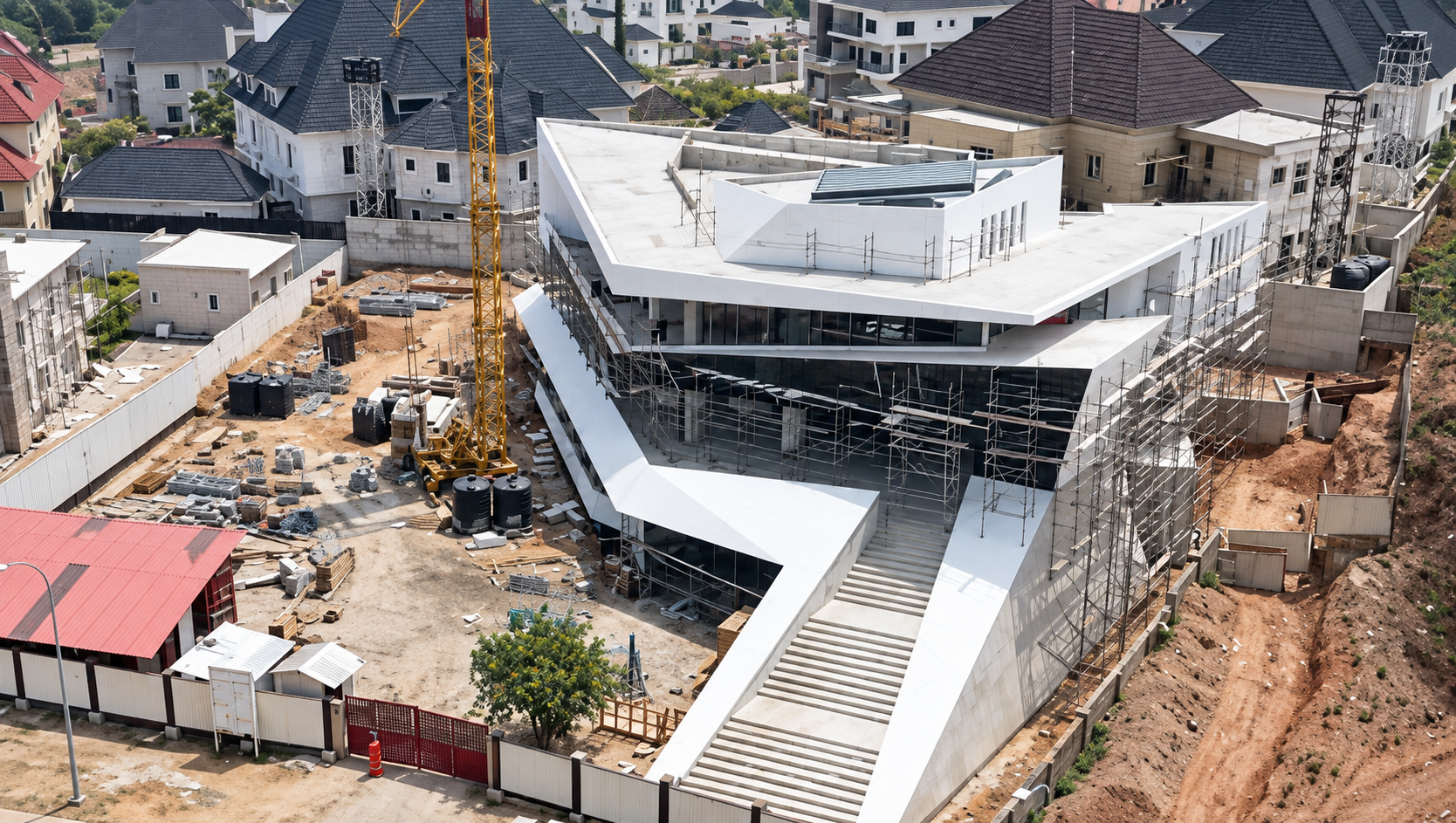 Aerial view of Alexence Villa under construction, showing the white folded roof planes and grand stair surrounded by scaffolding