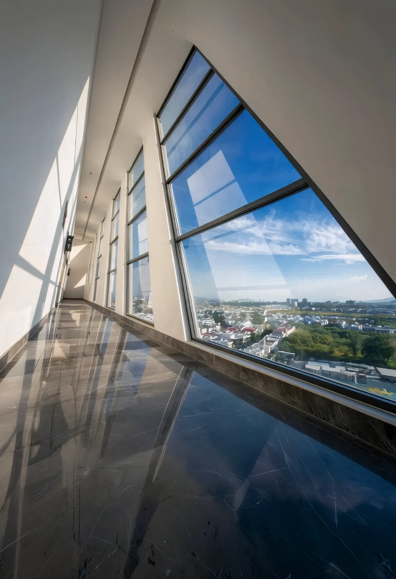 Verona Tower — corridor with angular windows overlooking the city