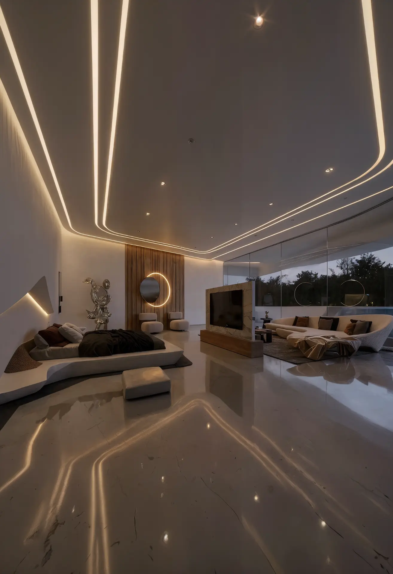 ICON VILLA master suite with sculptural ceiling lighting and panoramic glazing