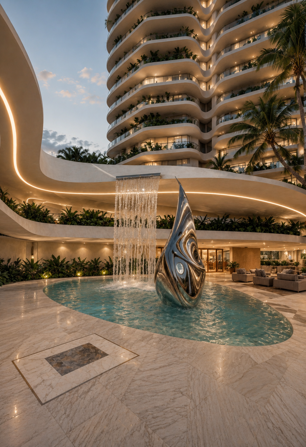 Atmosphere Home Spa — grand arrival plaza with sculptural water feature and residential tower