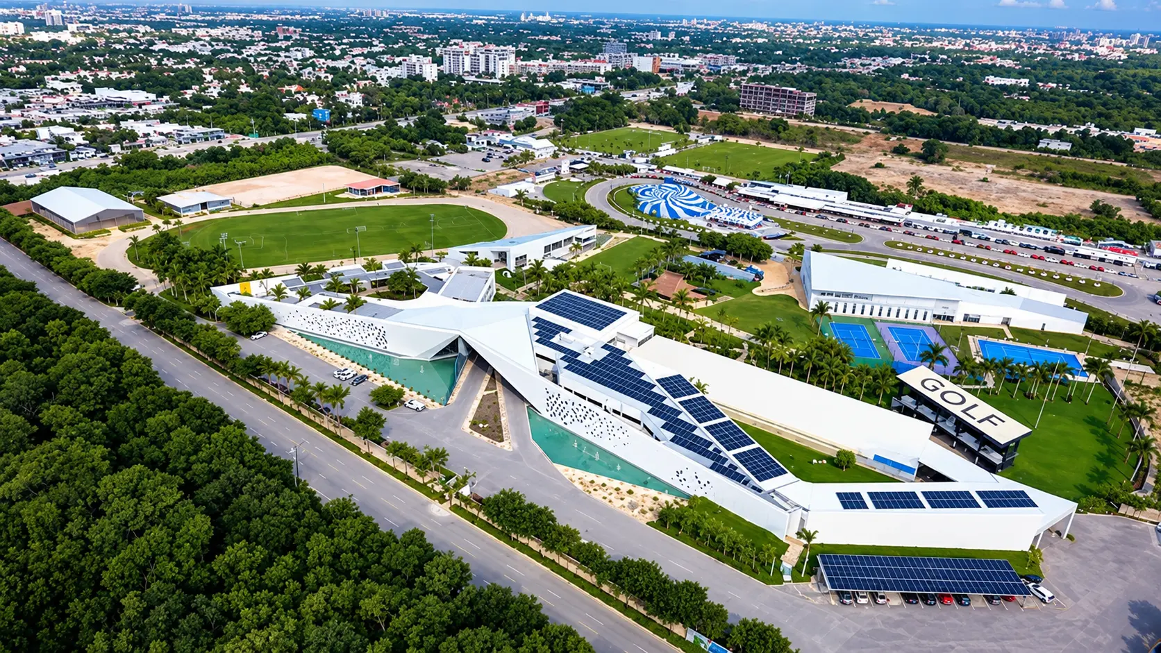 MACC ACADEMY — aerial view of the completed campus with solar rooftops, sports fields, tennis courts and the Cancún cityscape