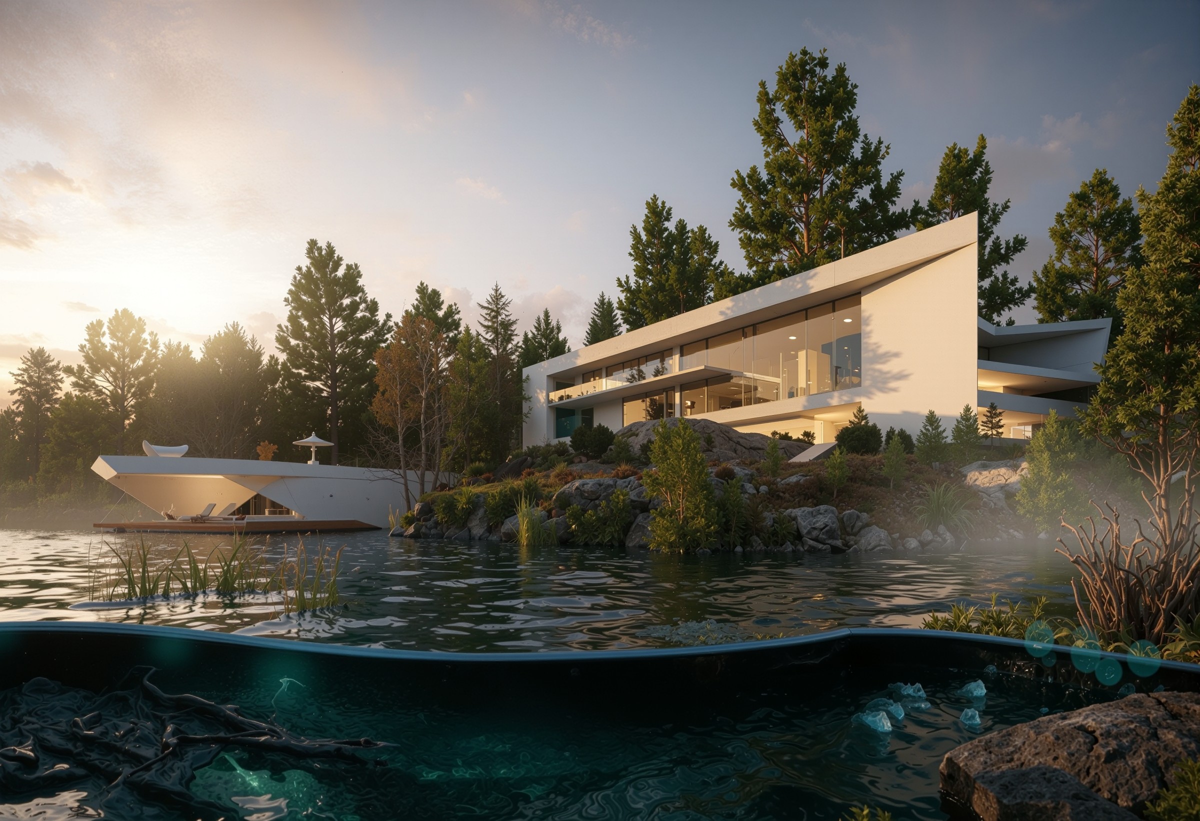 Muskoka Villa reflected in the lake beneath mature trees