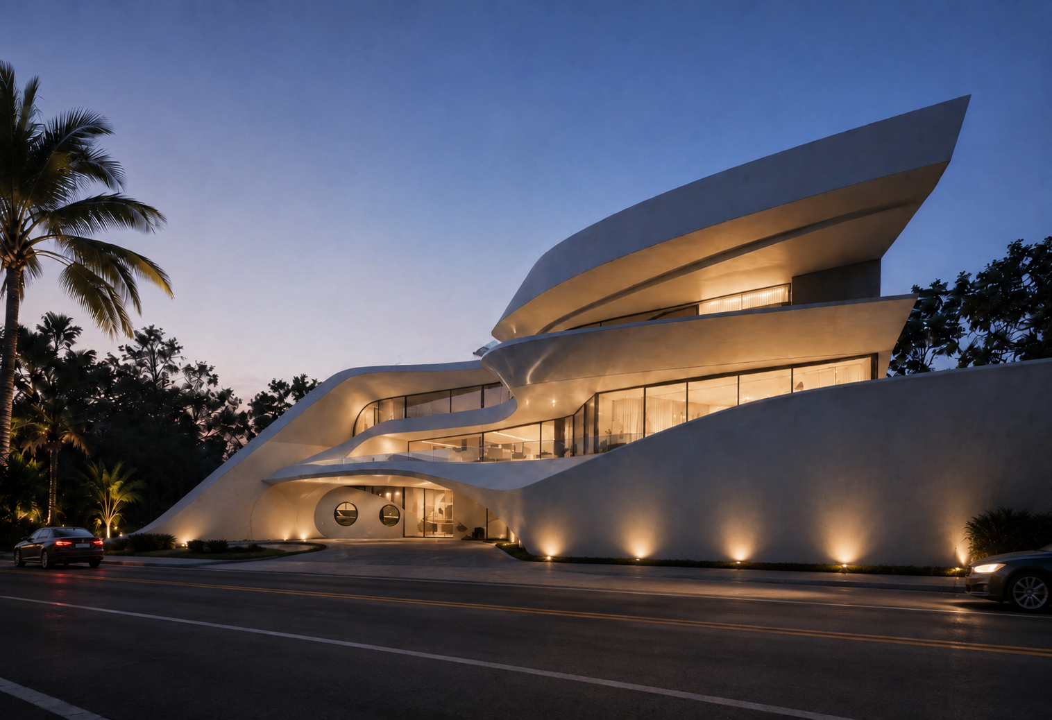 ICON VILLA sculptural facade at dusk with illuminated terraces and palm trees