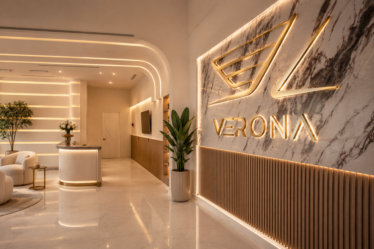 Verona Tower — arrival lobby with illuminated marble wall and VERONA sign