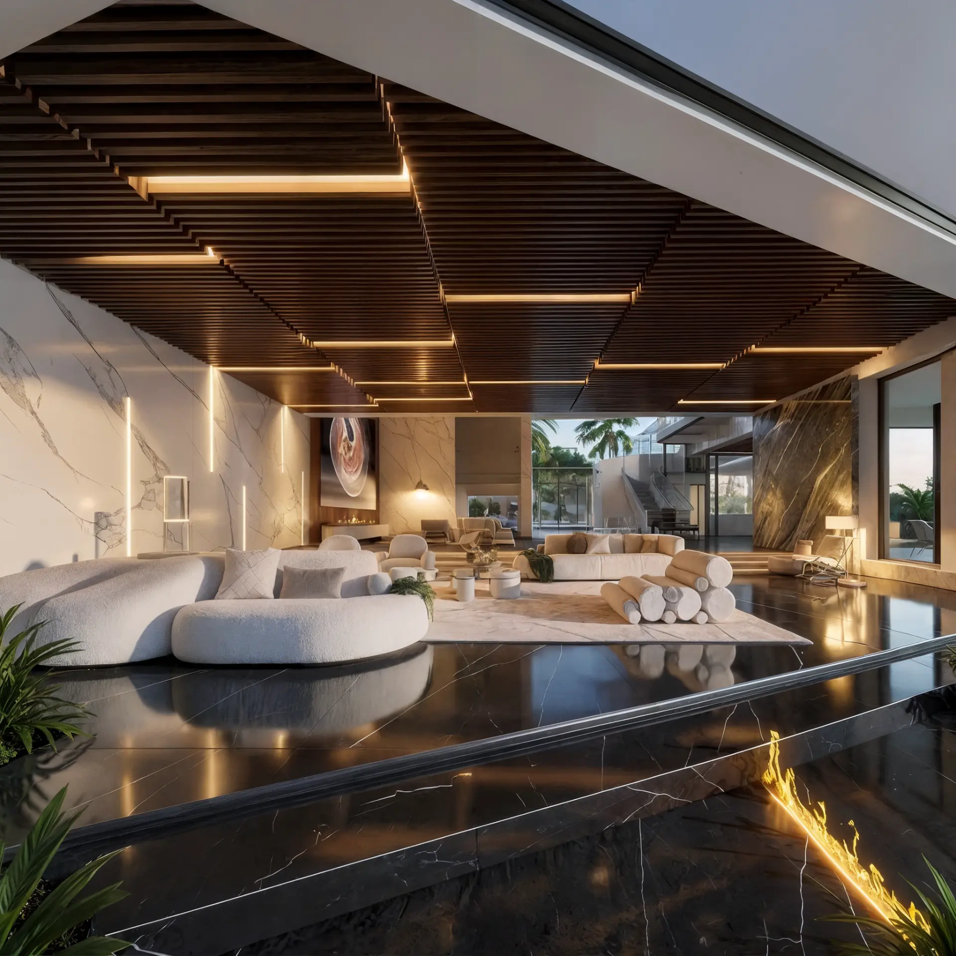 Dawn Villa — luxury interior living room with water views