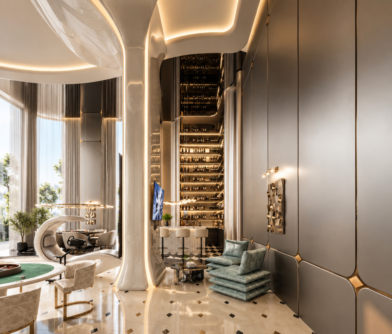 Atmosphere Home Spa — social lounge with stacked teal floor cushions, bronze wall panels with gold joints and a white racing simulator