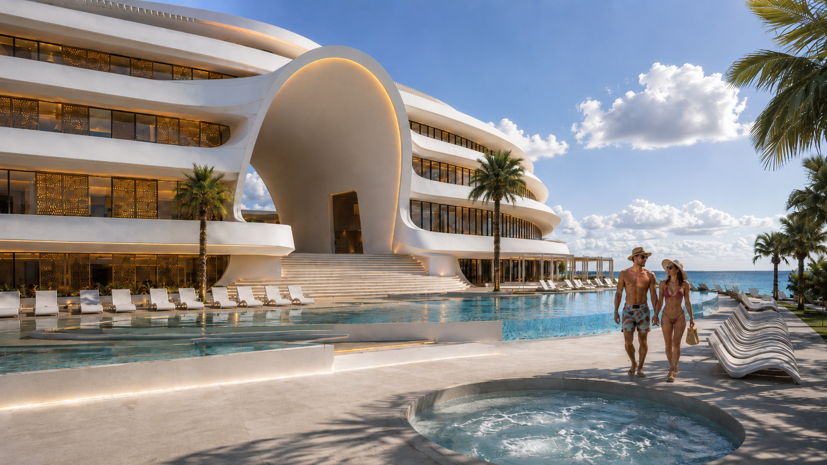 Vivienda Resort — sculptural resort lobby with infinity pools and sea views