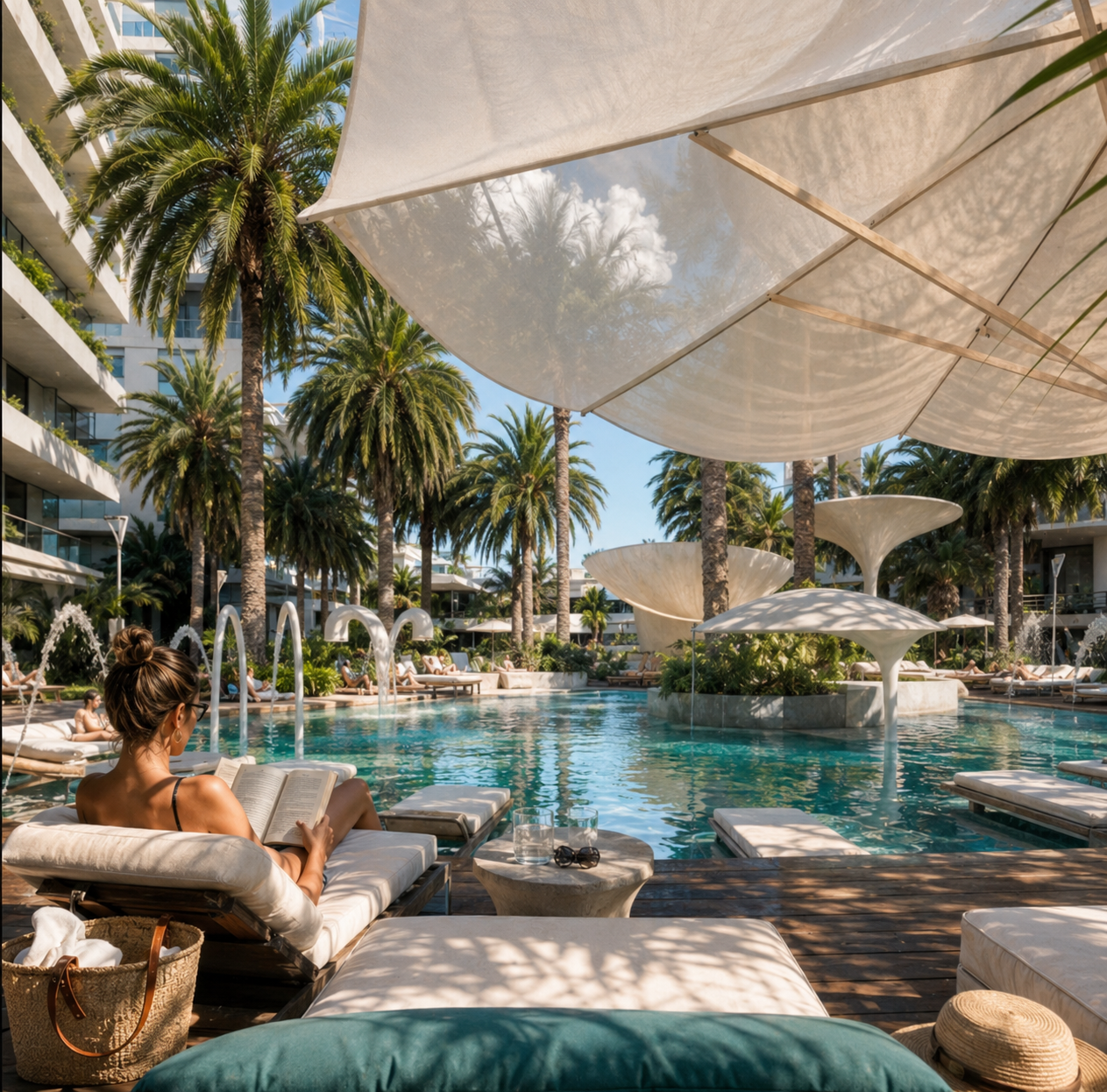 Atmosphere Home Spa — resort-style pool lounge with palm gardens and sculptural canopies
