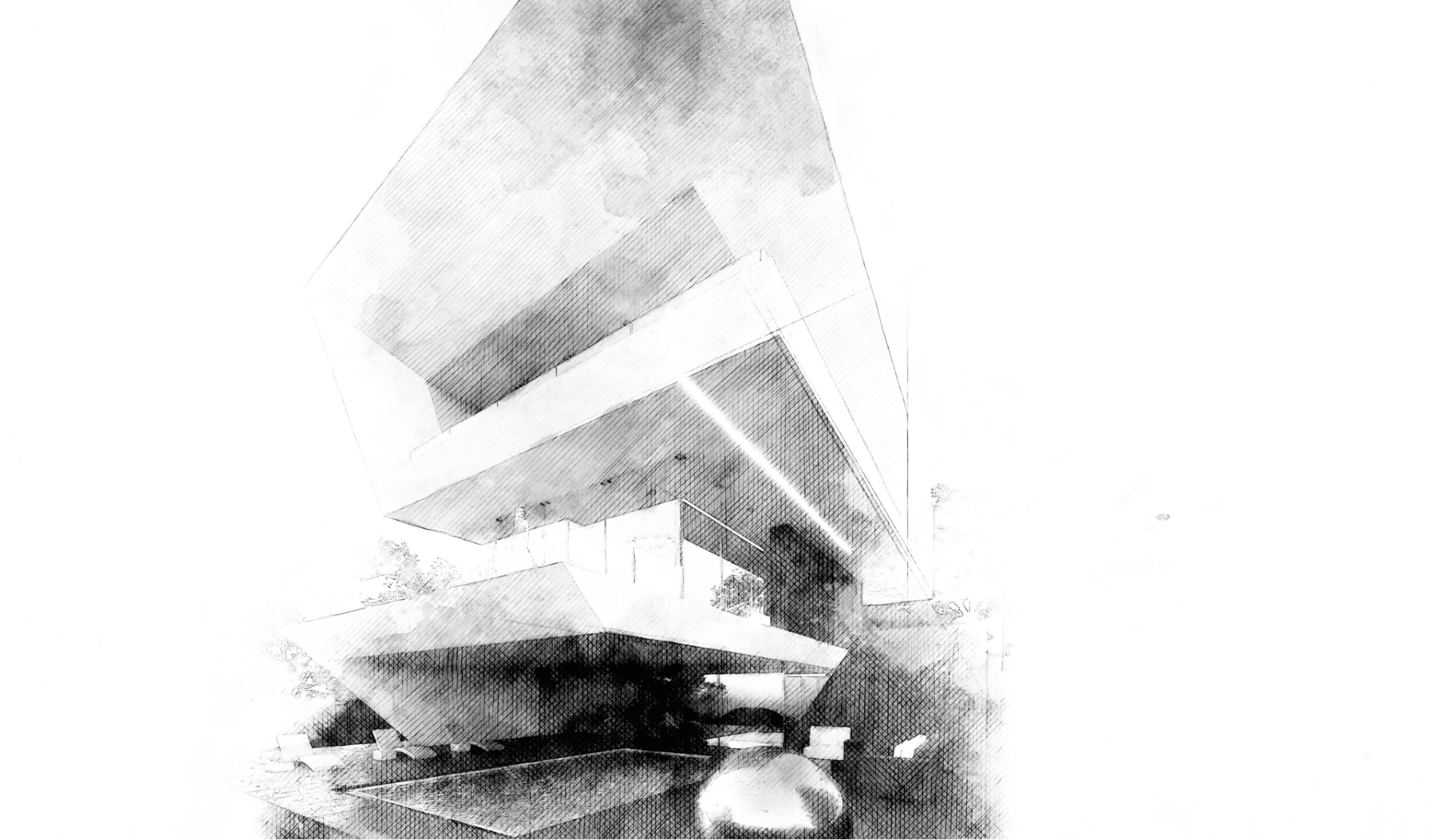 Freehand perspective study of Laureles Villa: the cantilevered prow over the pool terrace