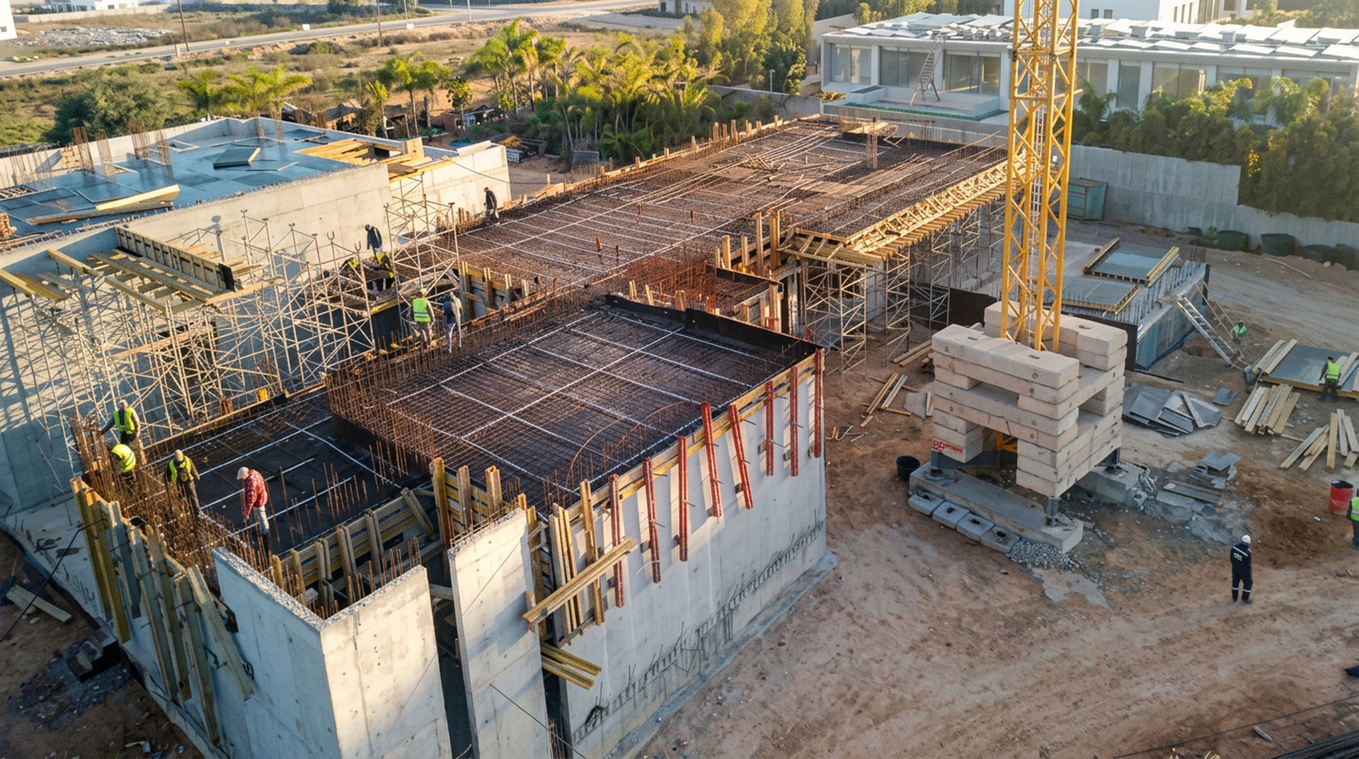 Aerial construction view of Casablanca House showing concrete walls, slabs and reinforcement