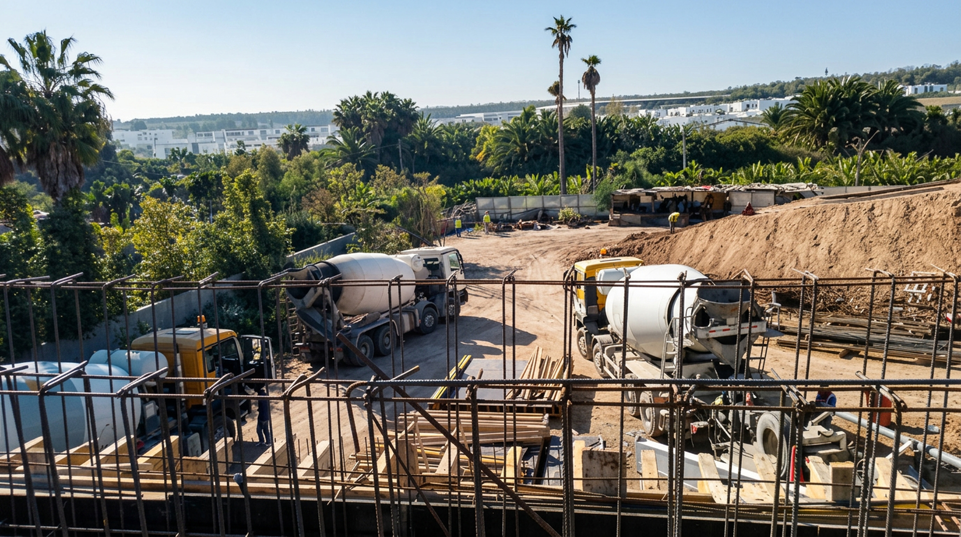 Casablanca House construction site with concrete trucks, reinforcement and the surrounding palm landscape